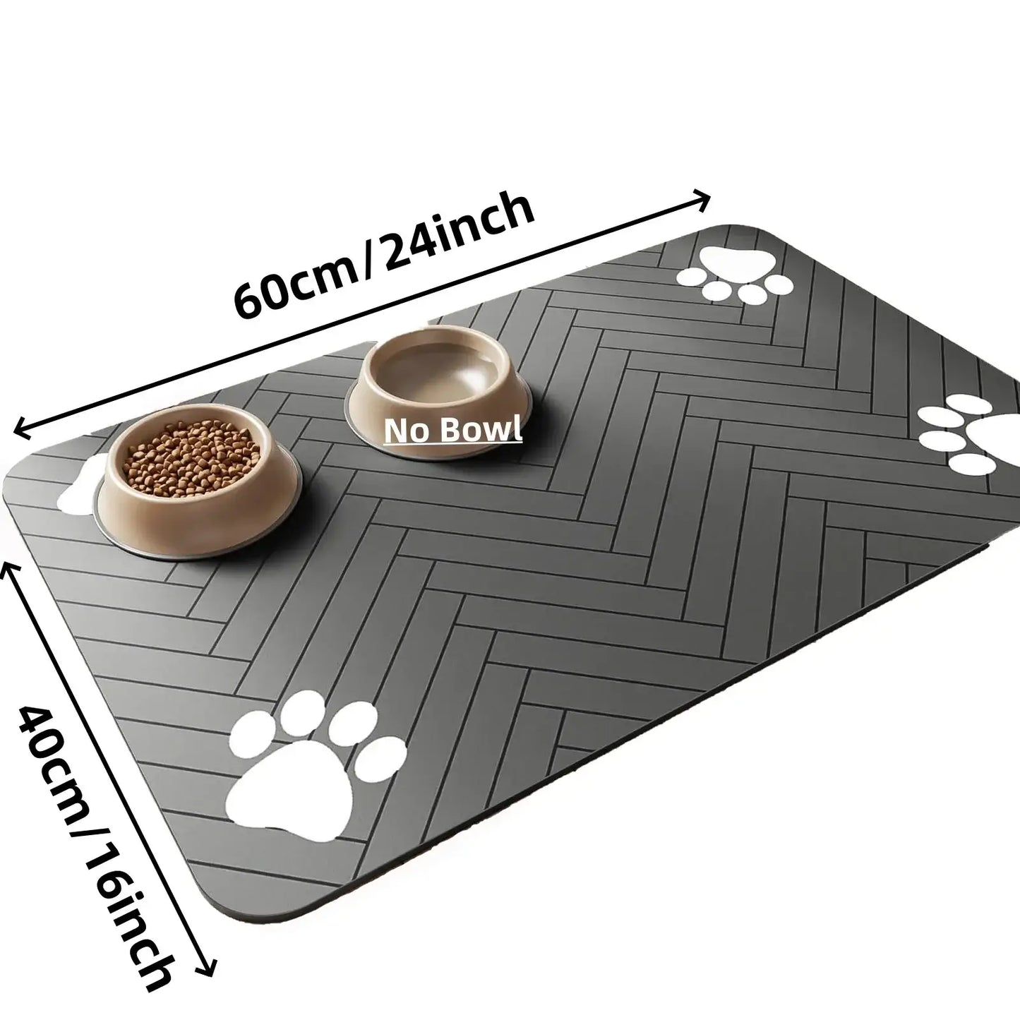 Absorbent pet feeding mat with paw print design, measuring 60x40 cm, ideal for preventing spills under bowls.
