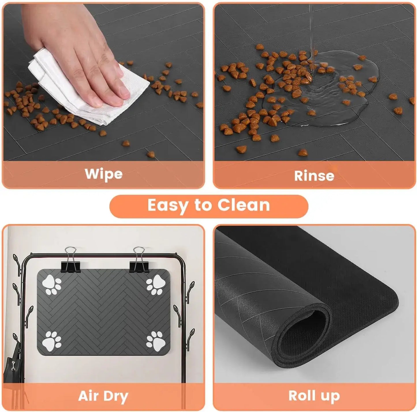 Four-step cleaning process for Absorbent Pet Feeding Mat: wipe, rinse, air dry, and roll up for easy maintenance.