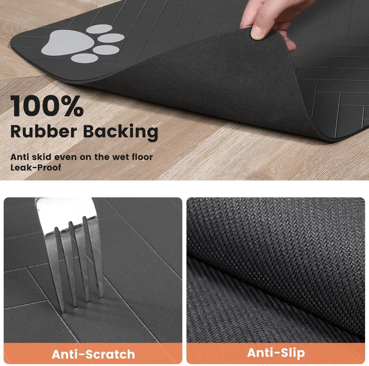 Absorbent pet feeding mat with 100% rubber backing for anti-slip and leak-proof protection.