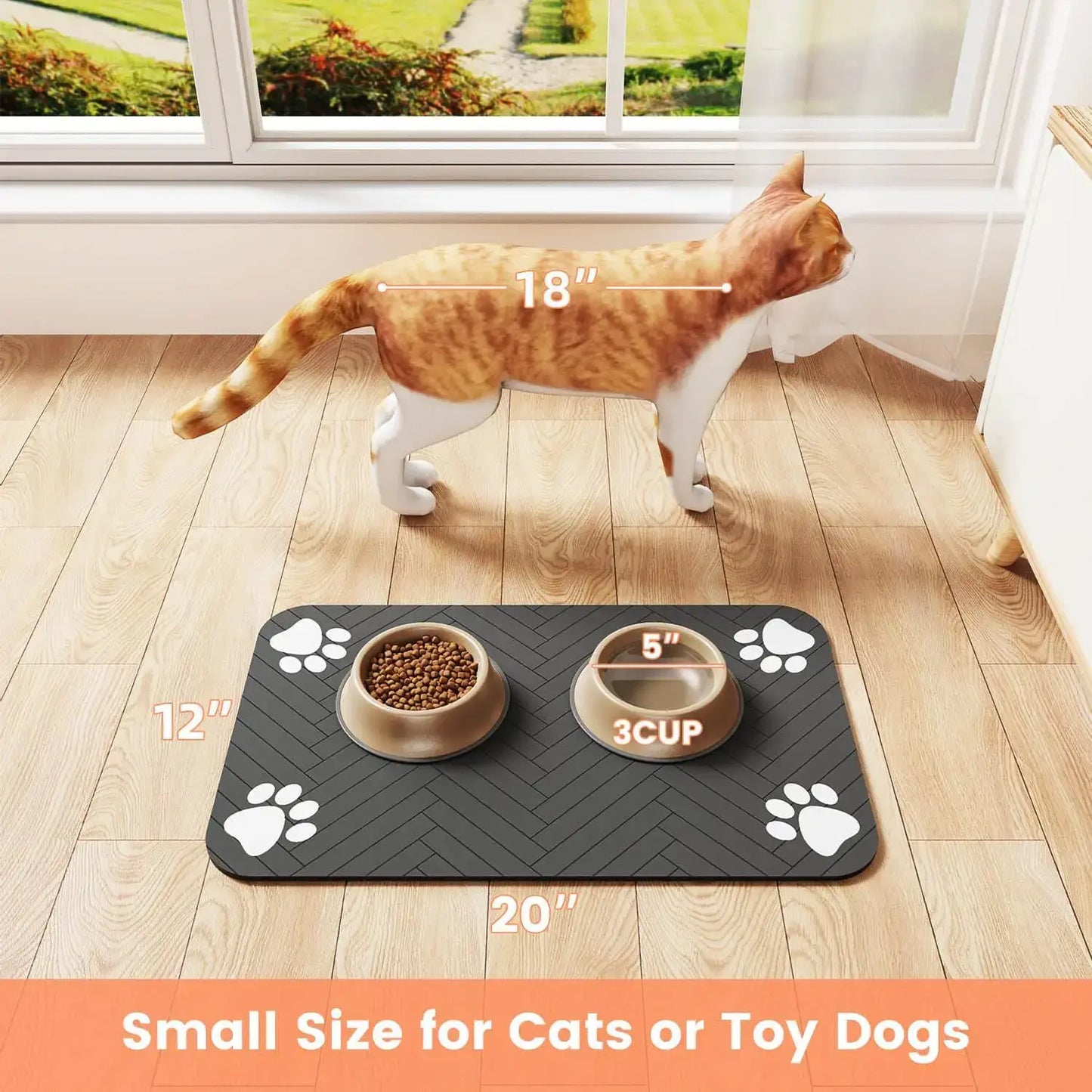 Absorbent pet feeding mat for small cats or toy dogs, featuring paw prints and two bowls on a wooden floor.
