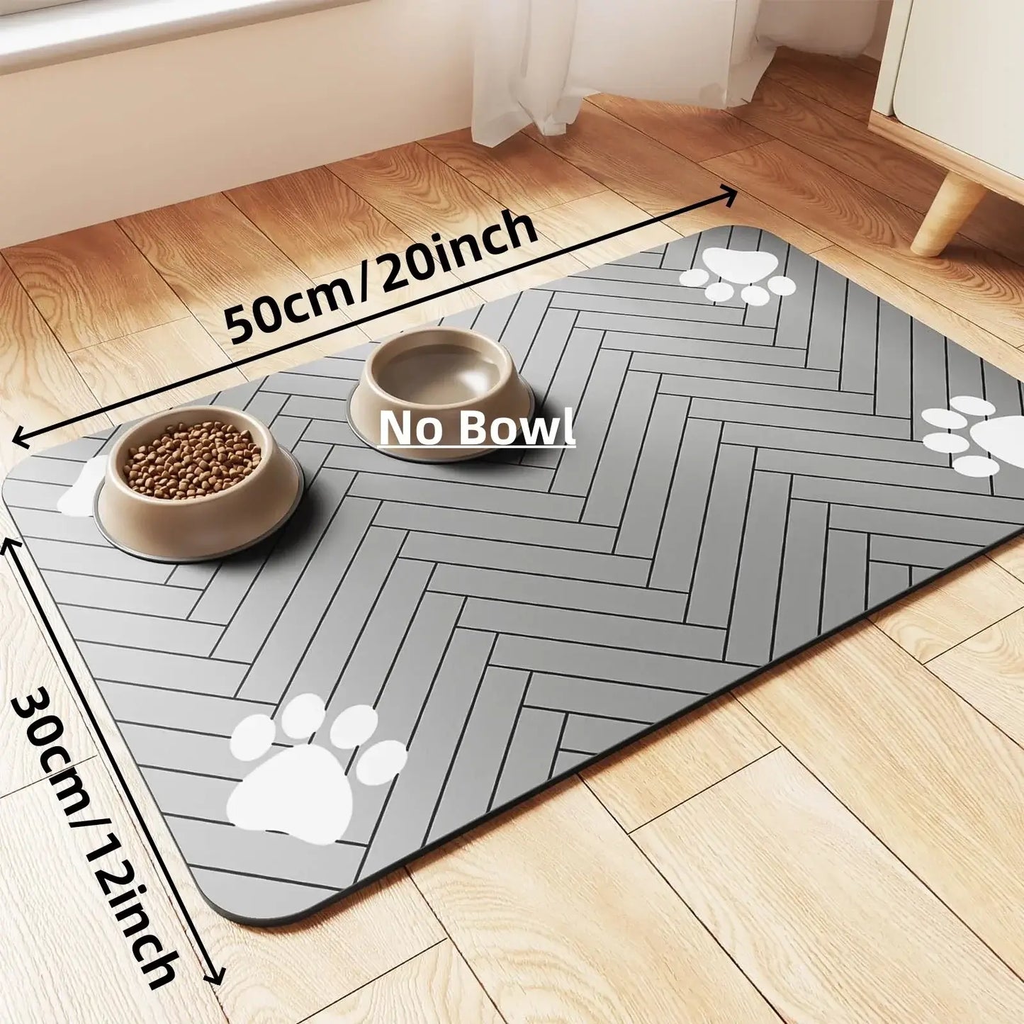 Absorbent pet feeding mat in gray with paw prints on wooden floor, dimensions 50cm x 30cm, suitable for bowls.