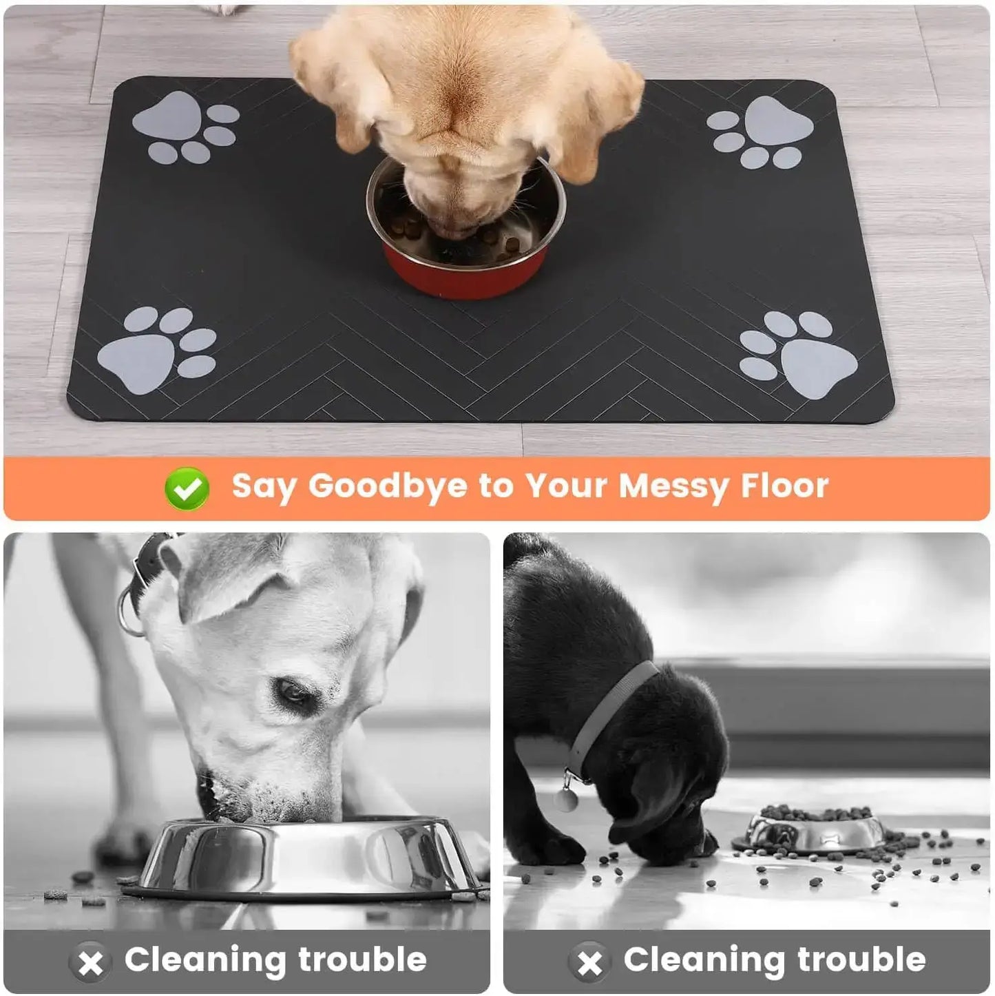 Absorbent pet feeding mat in use, keeping floors clean and dry while pets eat, featuring non-slip waterproof backing.