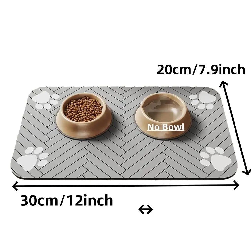 Absorbent pet feeding mat measuring 30cmx20cm with food bowls, designed to keep floors clean and dry.