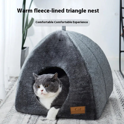 Warm Triangle Cat Nest Velvet Closed Bed